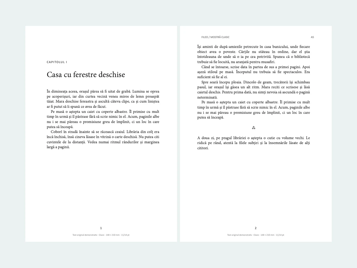 Două pagini din mostra de tehnoredactare Clasic Fileo